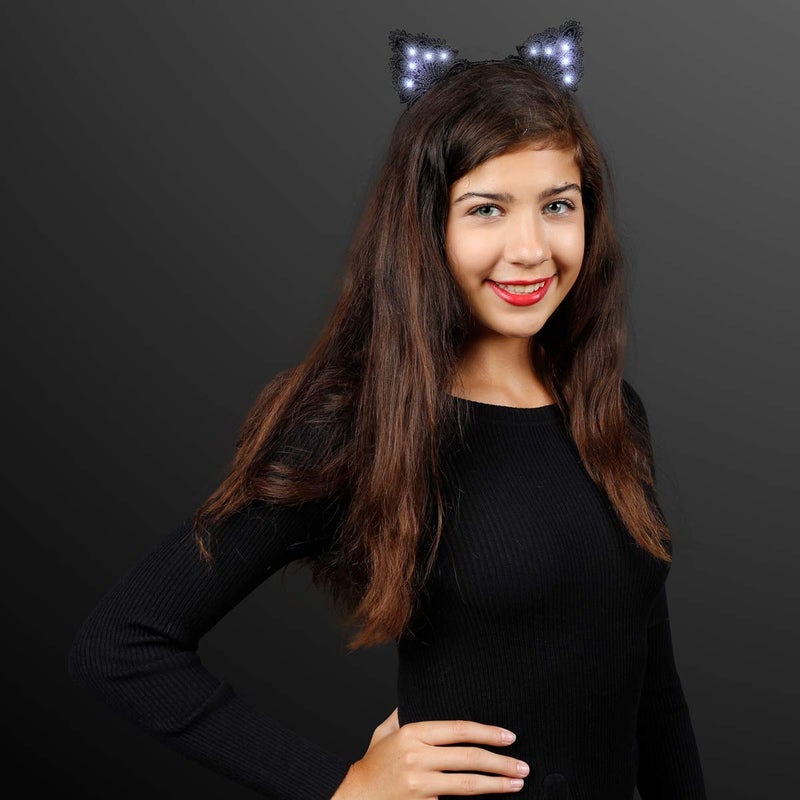 FlashingBlinkyLights Black Lace Light Up Kitty Cat Ears Headband with White LEDs - Image 4